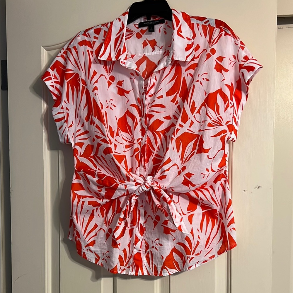 Women's Red and White Tropical Print Top